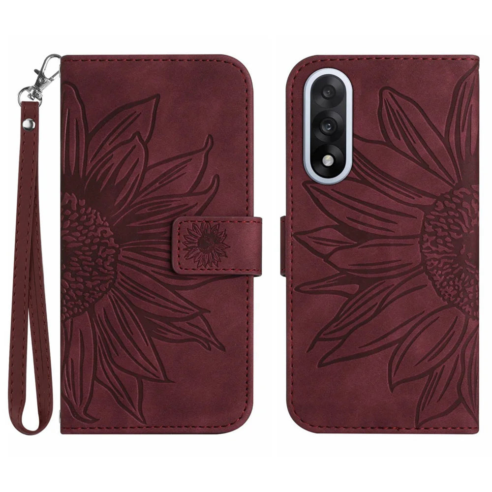 For OnePlus Nord 5 5G Case Sunflower Imprint Leather Wallet Phone Cover with Wrist Strap - Wine Red - 1