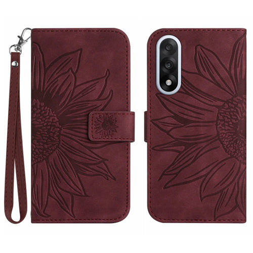 For OnePlus Nord 5 5G Case Sunflower Imprint Leather Wallet Phone Cover with Wrist Strap - Wine Red - 1