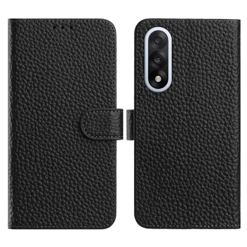 For OnePlus Nord 5 5G Case Wallet Stand Litchi Texture Genuine Cow Leather Flip Phone Cover - Black - 1
