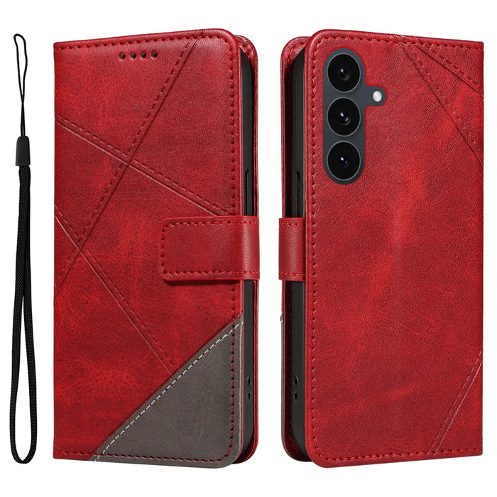 For Samsung Galaxy S25 FE Leather Case Geometric Line Design Wallet Phone Cover with Wrist Strap - Red - 1