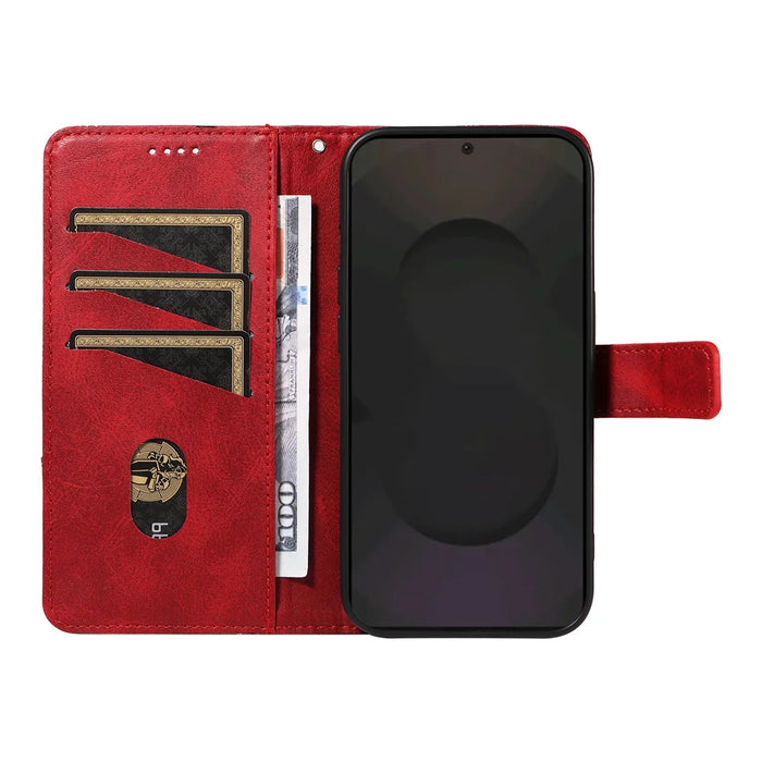 For Samsung Galaxy S25 FE Leather Case Geometric Line Design Wallet Phone Cover with Wrist Strap - Red - 2