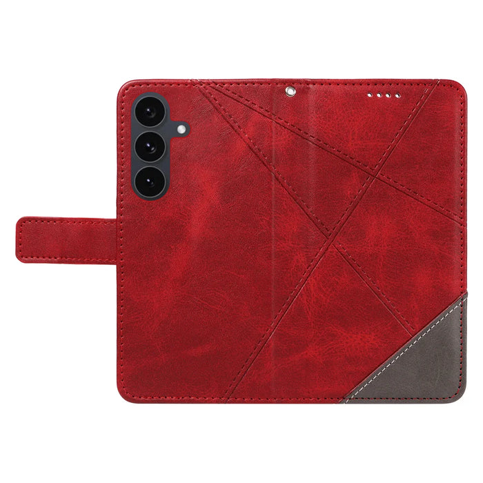 For Samsung Galaxy S25 FE Leather Case Geometric Line Design Wallet Phone Cover with Wrist Strap - Red - 3