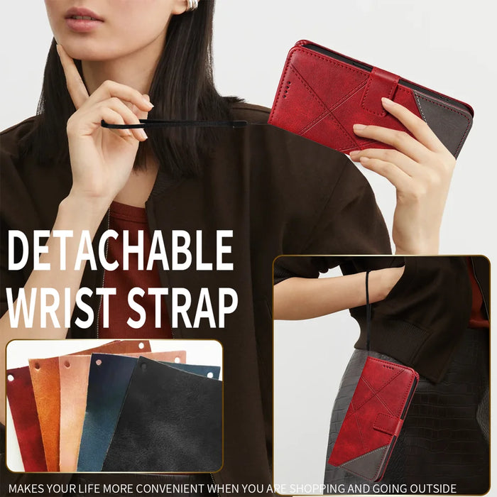 For Samsung Galaxy S25 FE Leather Case Geometric Line Design Wallet Phone Cover with Wrist Strap - Red - 5