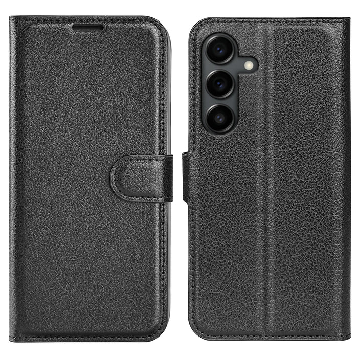 For Samsung Galaxy S25 FE Case Litchi Texture Shockproof Leather Wallet Phone Cover - Black - 1