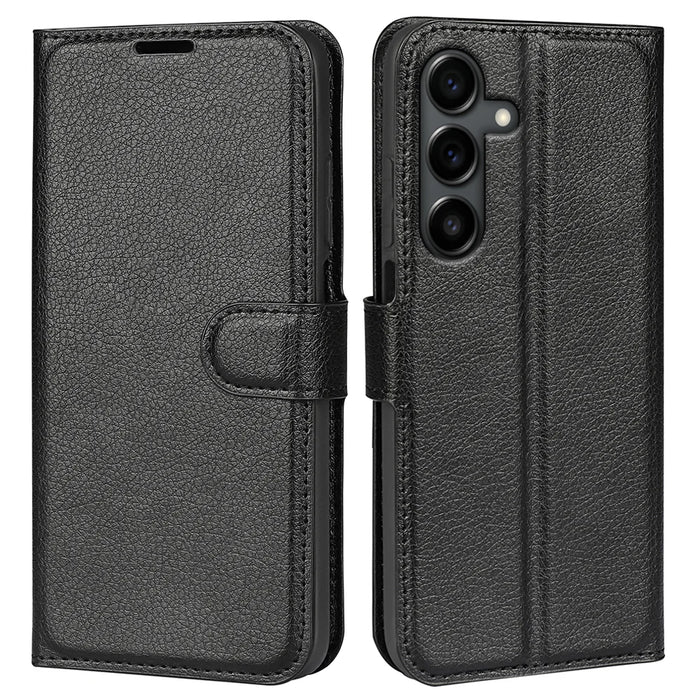 For Samsung Galaxy S25 FE Case Litchi Texture Shockproof Leather Wallet Phone Cover - Black - 4