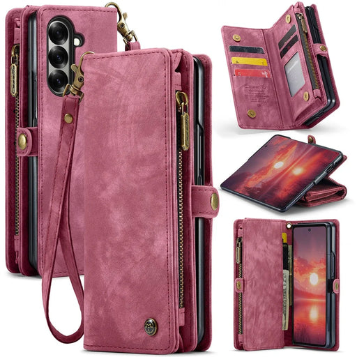 CASEME For Samsung Galaxy Z Fold7 5G Phone Cases  008 Leather Cover with Detachable Wallet and Strap - Red - 1