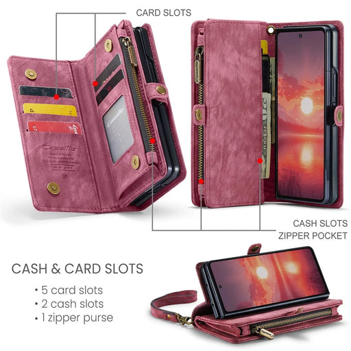 CASEME For Samsung Galaxy Z Fold7 5G Phone Cases  008 Leather Cover with Detachable Wallet and Strap - Red - 2