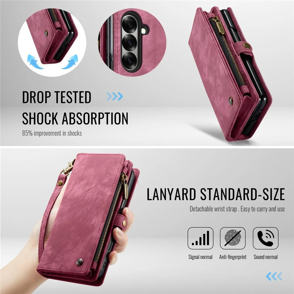 CASEME For Samsung Galaxy Z Fold7 5G Phone Cases  008 Leather Cover with Detachable Wallet and Strap - Red - 3