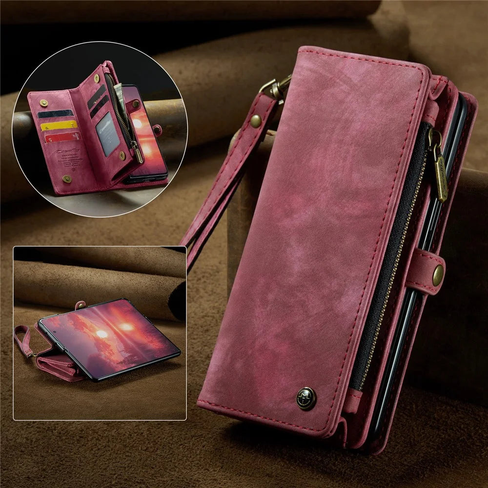 CASEME For Samsung Galaxy Z Fold7 5G Phone Cases  008 Leather Cover with Detachable Wallet and Strap - Red - 4