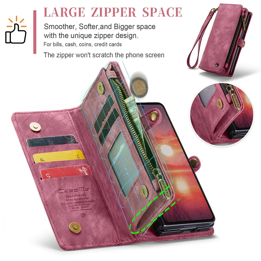 CASEME For Samsung Galaxy Z Fold7 5G Phone Cases  008 Leather Cover with Detachable Wallet and Strap - Red - 5