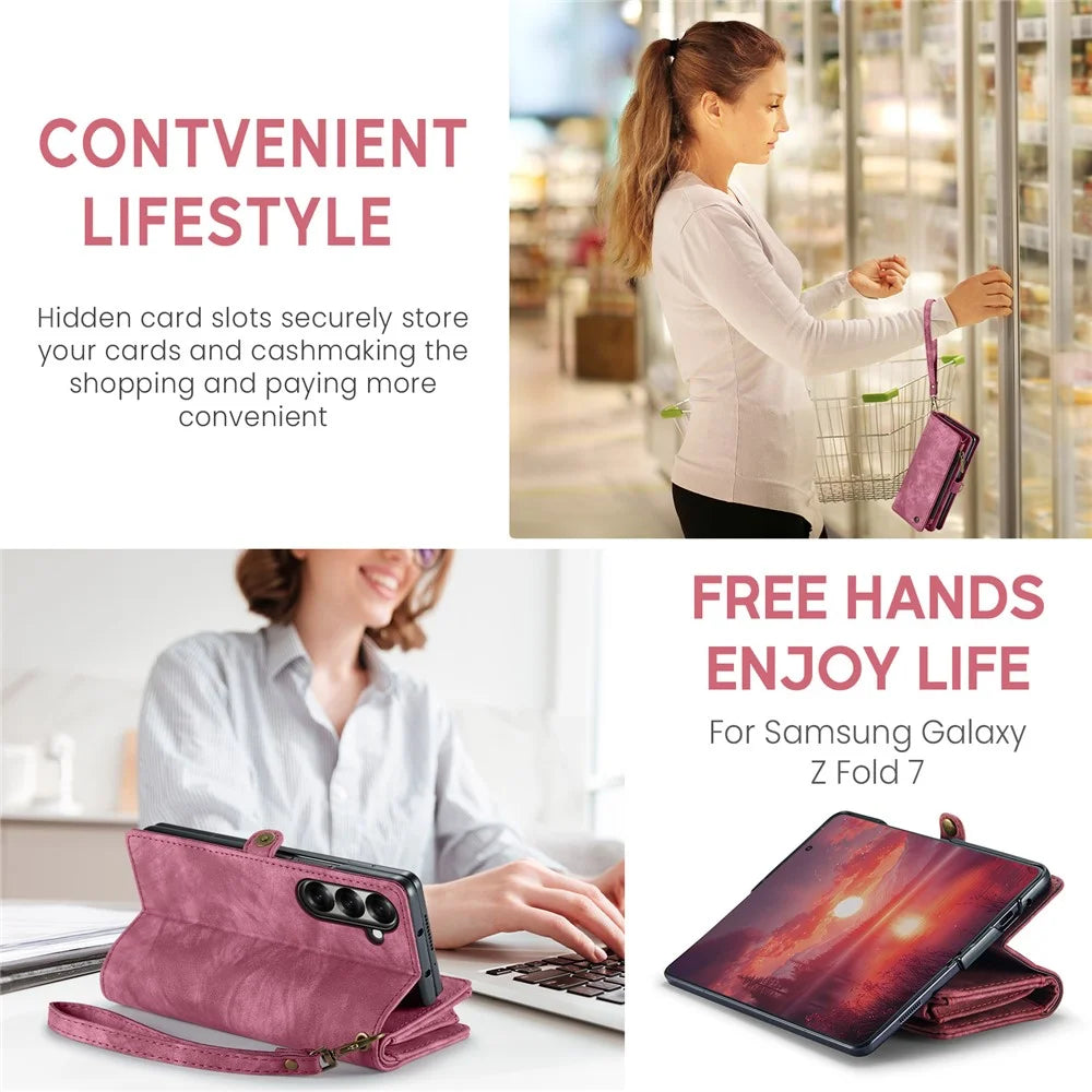 CASEME For Samsung Galaxy Z Fold7 5G Phone Cases  008 Leather Cover with Detachable Wallet and Strap - Red - 6