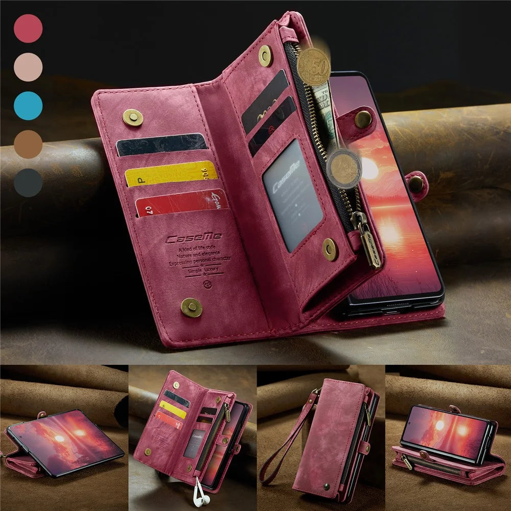 CASEME For Samsung Galaxy Z Fold7 5G Phone Cases  008 Leather Cover with Detachable Wallet and Strap - Red - 7