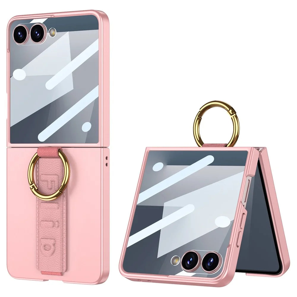 GKK For Samsung Galaxy Z Flip7 5G Case Folding Wristband Phone Cover with HD Screen Protector - Pink - 1