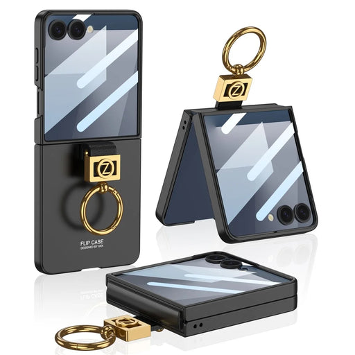 GKK For Samsung Galaxy Z Flip7 5G PC Phone Case with Ring Holder + Tempered Glass Front Screen Film - Black - 1