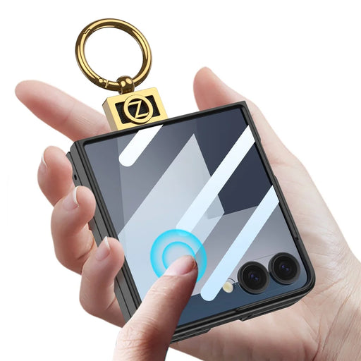 GKK For Samsung Galaxy Z Flip7 5G PC Phone Case with Ring Holder + Tempered Glass Front Screen Film - Black - 2