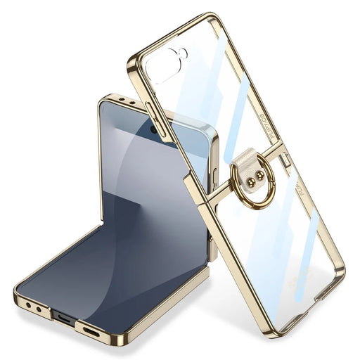 GKK For Samsung Galaxy Z Flip7 5G Case with Screen Film / Ring Holder Electroplating Hard PC Tempered Glass Phone Cover - Champagne Gold - 1