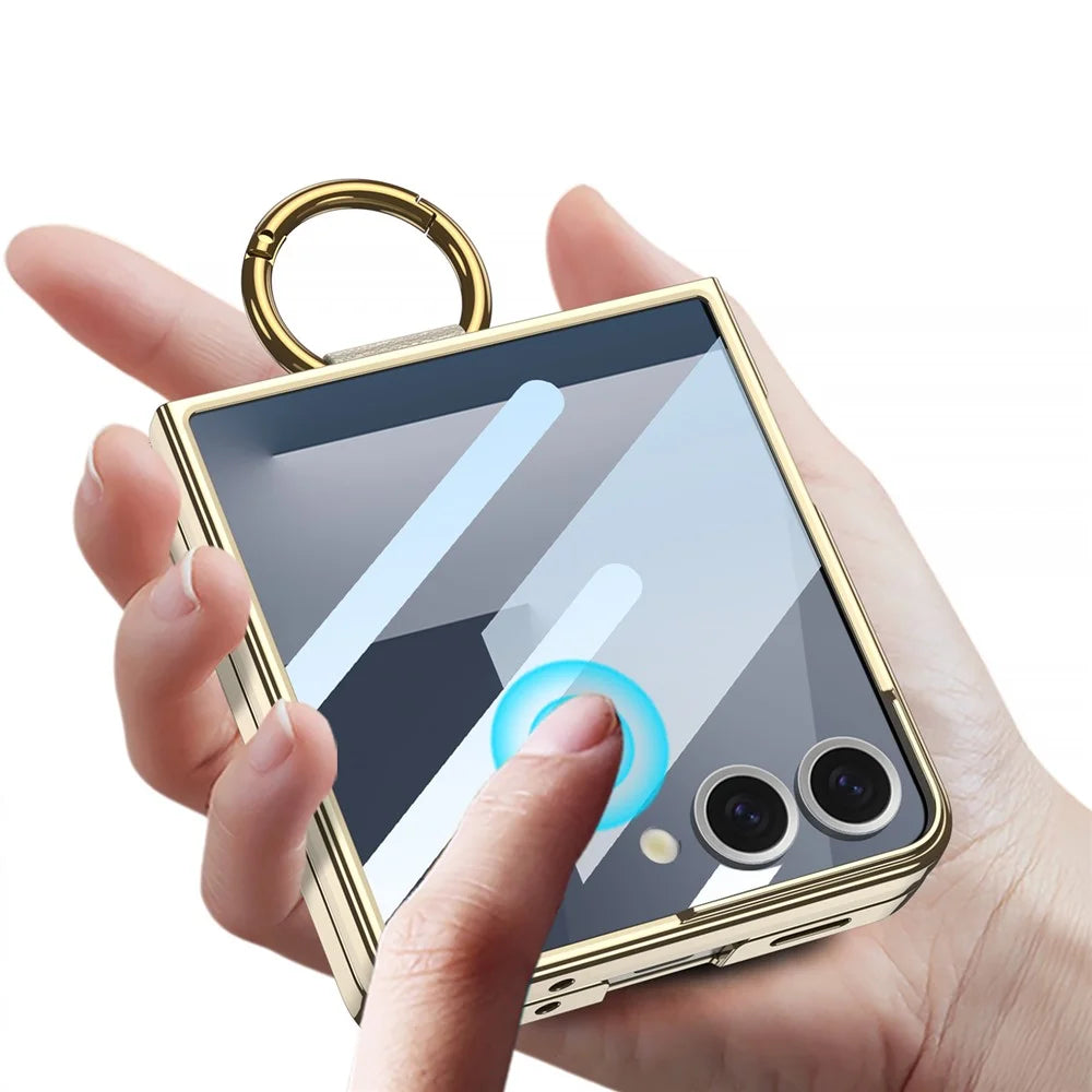 GKK For Samsung Galaxy Z Flip7 5G Case with Screen Film / Ring Holder Electroplating Hard PC Tempered Glass Phone Cover - Champagne Gold - 2