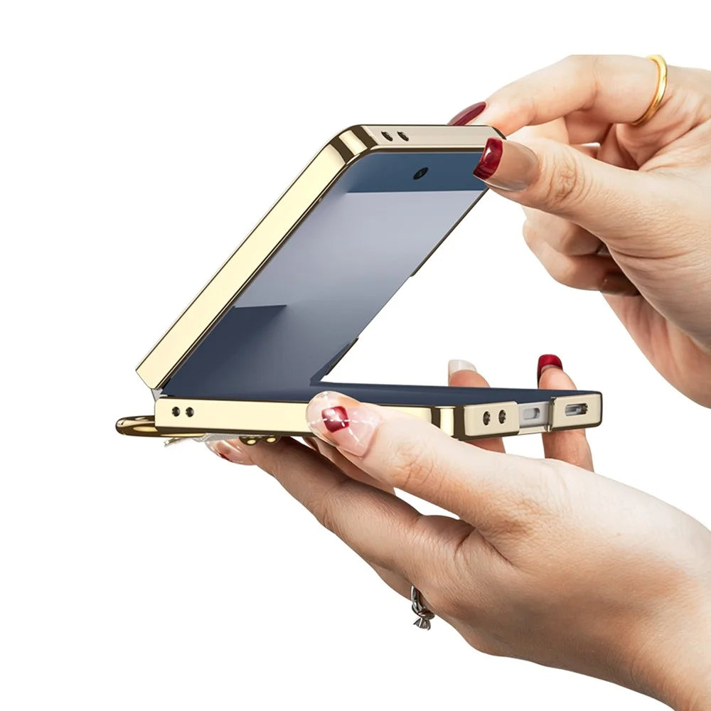 GKK For Samsung Galaxy Z Flip7 5G Case with Screen Film / Ring Holder Electroplating Hard PC Tempered Glass Phone Cover - Champagne Gold - 3