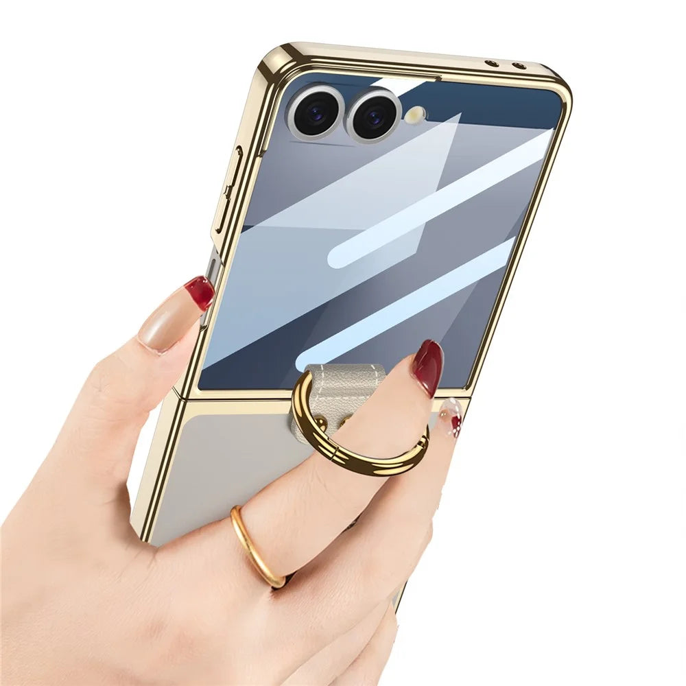 GKK For Samsung Galaxy Z Flip7 5G Case with Screen Film / Ring Holder Electroplating Hard PC Tempered Glass Phone Cover - Champagne Gold - 4
