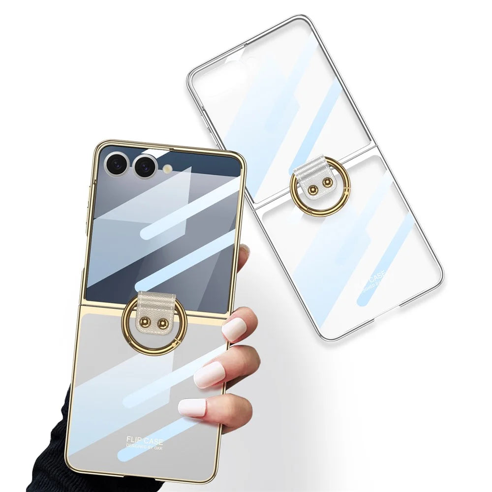 GKK For Samsung Galaxy Z Flip7 5G Case with Screen Film / Ring Holder Electroplating Hard PC Tempered Glass Phone Cover - Champagne Gold - 5