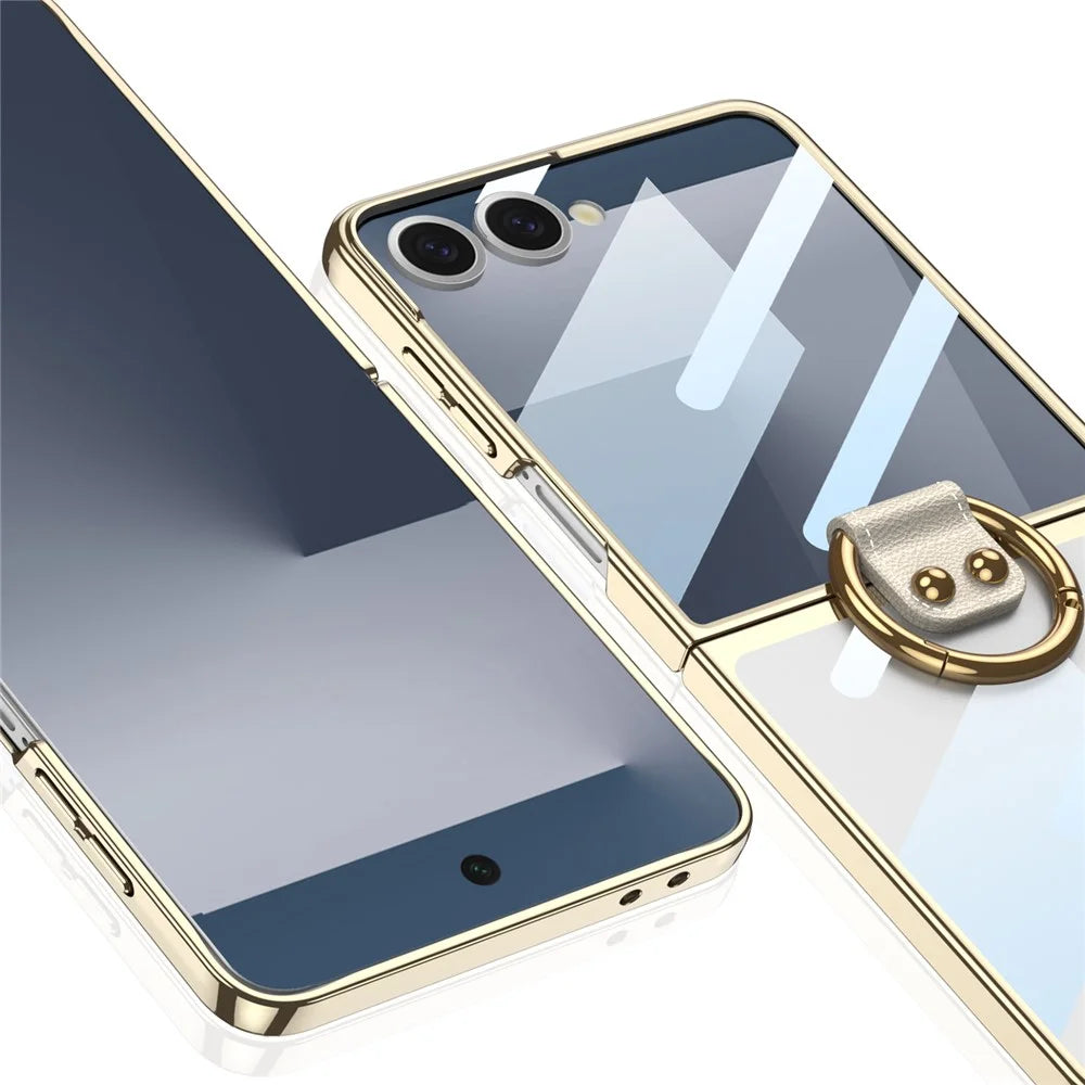 GKK For Samsung Galaxy Z Flip7 5G Case with Screen Film / Ring Holder Electroplating Hard PC Tempered Glass Phone Cover - Champagne Gold - 6