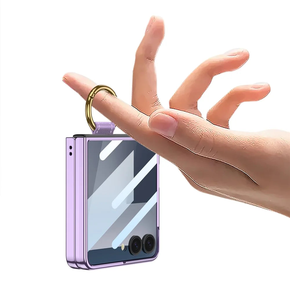 GKK For Samsung Galaxy Z Flip7 5G Case with Screen Film / Ring Holder Electroplating Hard PC Tempered Glass Phone Cover - Champagne Gold - 7