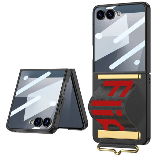 GKK For Samsung Galaxy Z Flip7 5G Case Wristband Design PU Leather+PC Phone Cover with Screen Film - Black - 1