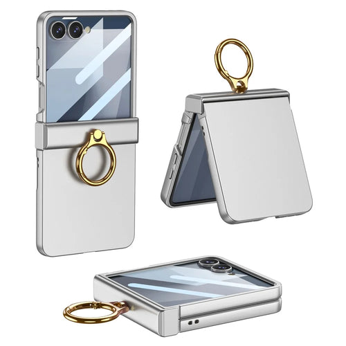 GKK For Samsung Galaxy Z Flip7 5G Case Ultra Thin Ring Kickstand Phone Cover Full Protection with Screen Film - Silver - 1