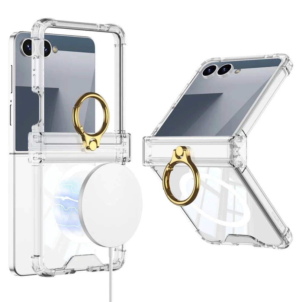 GKK For Samsung Galaxy Z Flip7 5G Magnetic Case with Ring Holder Airbag Hinge Protection Shockproof Phone Cover - Transparent - 1