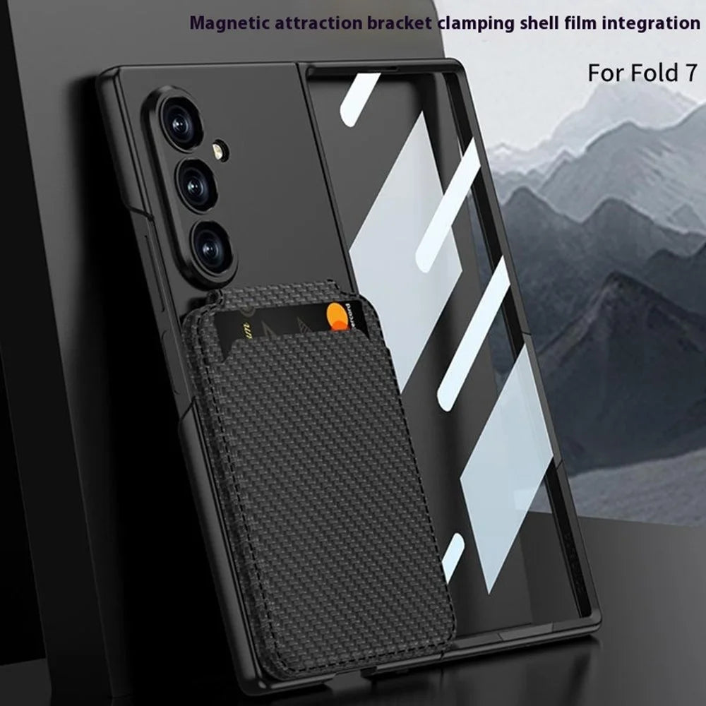 GKK For Samsung Galaxy Z Fold7 5G Magnetic Case PC + Tempered Glass Phone Cover with Card Holder Kickstand - Carbon Fiber Texture - 2
