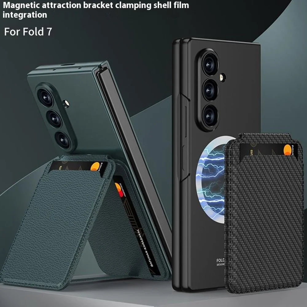 GKK For Samsung Galaxy Z Fold7 5G Magnetic Case PC + Tempered Glass Phone Cover with Card Holder Kickstand - Carbon Fiber Texture - 5