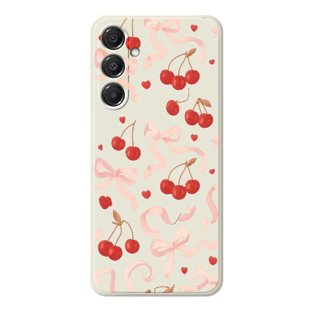 For Samsung Galaxy A16 5G  /  4G Case Big Bow Cherry Pattern Printing Straight Edge TPU Phone Back Cover - Beige - 1