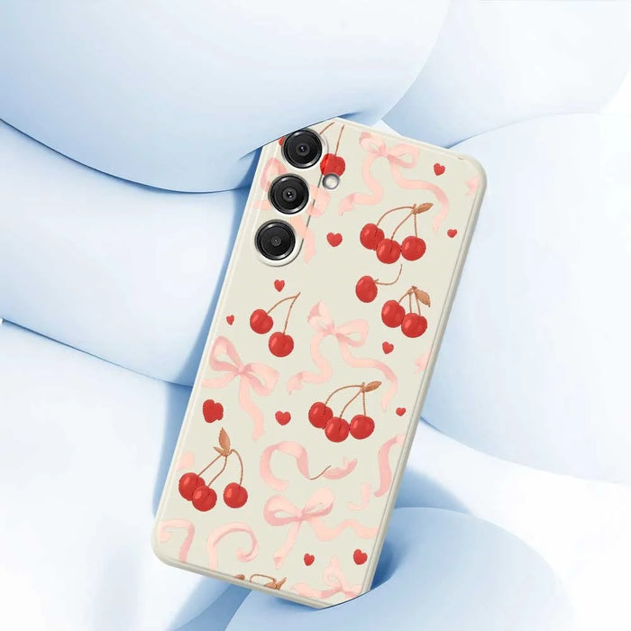 For Samsung Galaxy A16 5G  /  4G Case Big Bow Cherry Pattern Printing Straight Edge TPU Phone Back Cover - Beige - 5