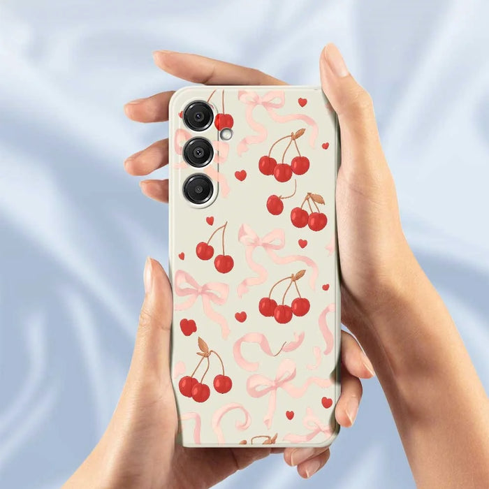 For Samsung Galaxy A16 5G  /  4G Case Big Bow Cherry Pattern Printing Straight Edge TPU Phone Back Cover - Beige - 6
