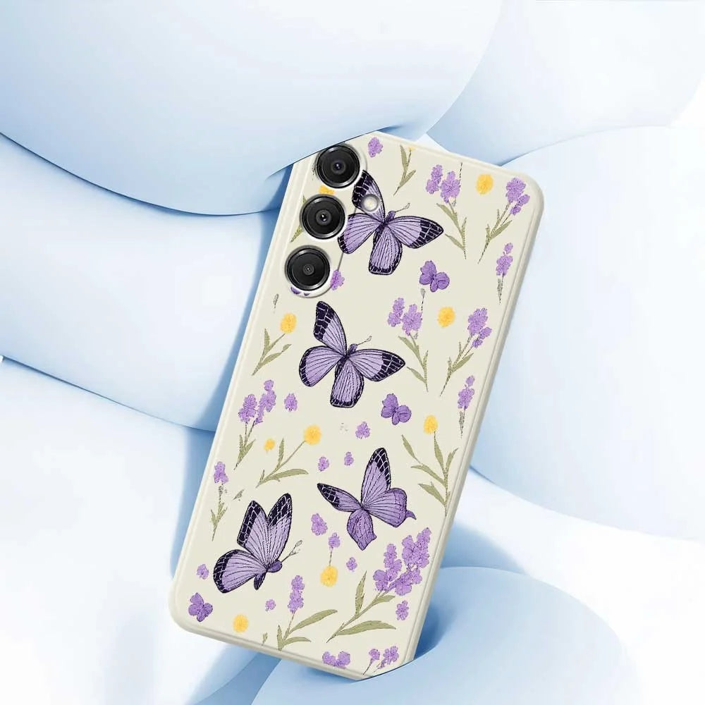 For Samsung Galaxy A16 5G  /  4G Case Purple Butterflies Pattern Printing Straight Edge TPU Phone Back Cover - Beige - 5
