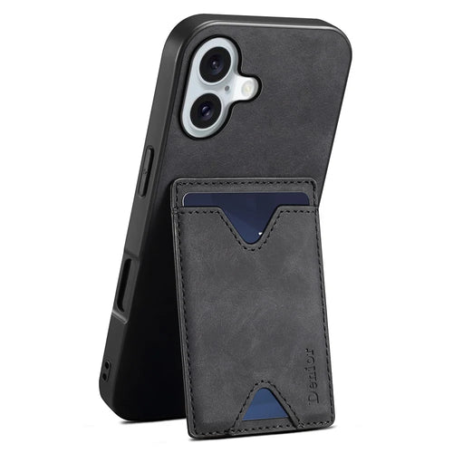 DENIOR For iPhone 17 Case Card Holder Kickstand Leather + PC + TPU Phone Cover - Black - 1