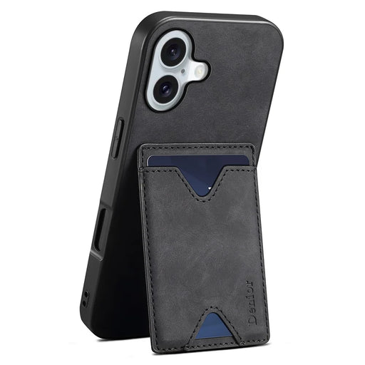 DENIOR For iPhone 17 Case Card Holder Kickstand Leather + PC + TPU Phone Cover - Black - 1