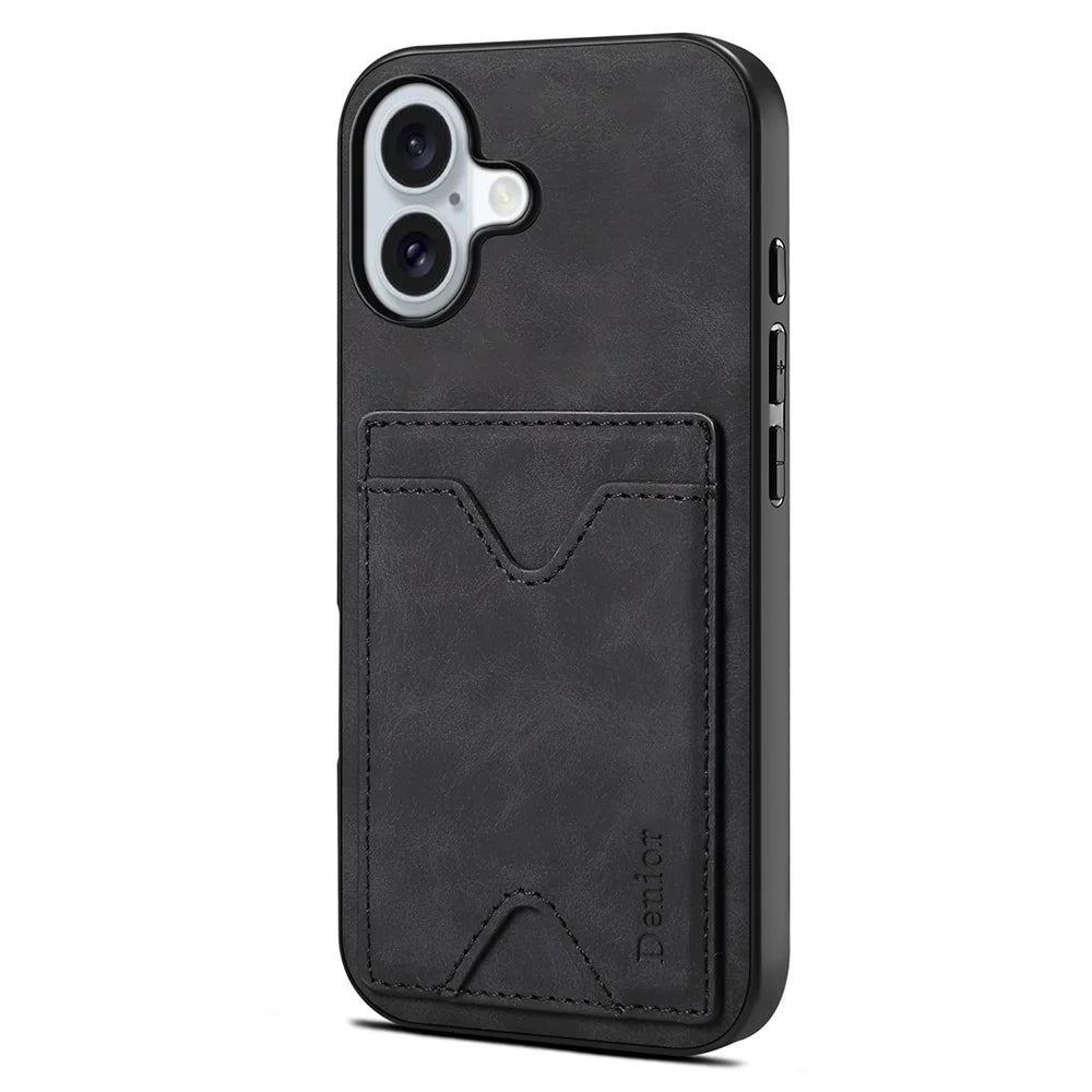 DENIOR For iPhone 17 Case Card Holder Kickstand Leather + PC + TPU Phone Cover - Black - 2