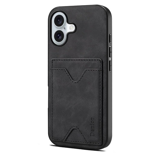 DENIOR For iPhone 17 Case Card Holder Kickstand Leather + PC + TPU Phone Cover - Black - 2