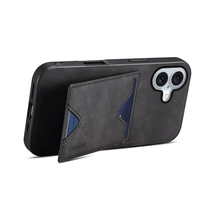 DENIOR For iPhone 17 Case Card Holder Kickstand Leather + PC + TPU Phone Cover - Black - 4
