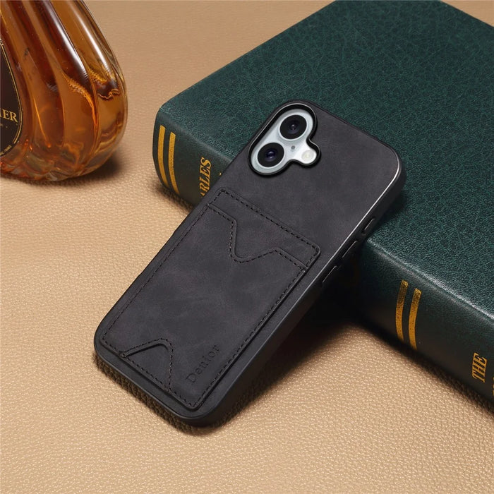 DENIOR For iPhone 17 Case Card Holder Kickstand Leather + PC + TPU Phone Cover - Black - 7