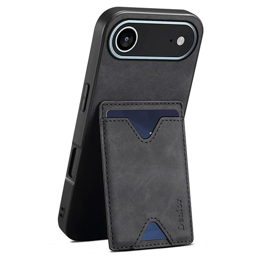 DENIOR For iPhone Air Case Card Holder Kickstand Leather + PC + TPU Phone Cover - Black - 1