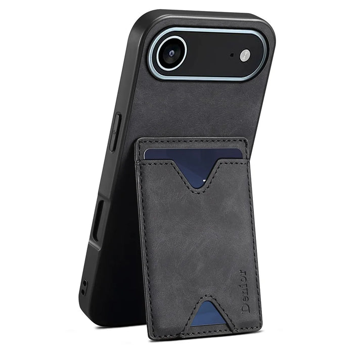 DENIOR For iPhone Air Case Card Holder Kickstand Leather + PC + TPU Phone Cover - Black - 1