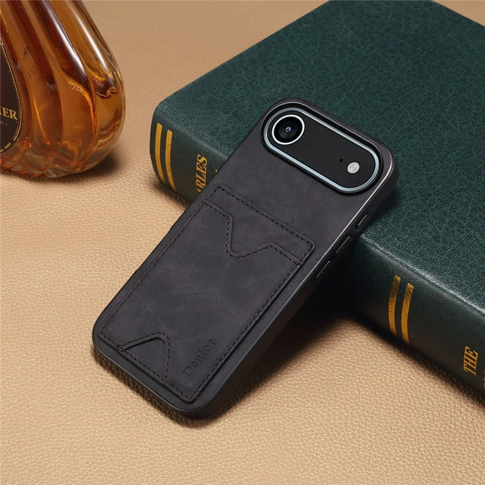 DENIOR For iPhone Air Case Card Holder Kickstand Leather + PC + TPU Phone Cover - Black - 7