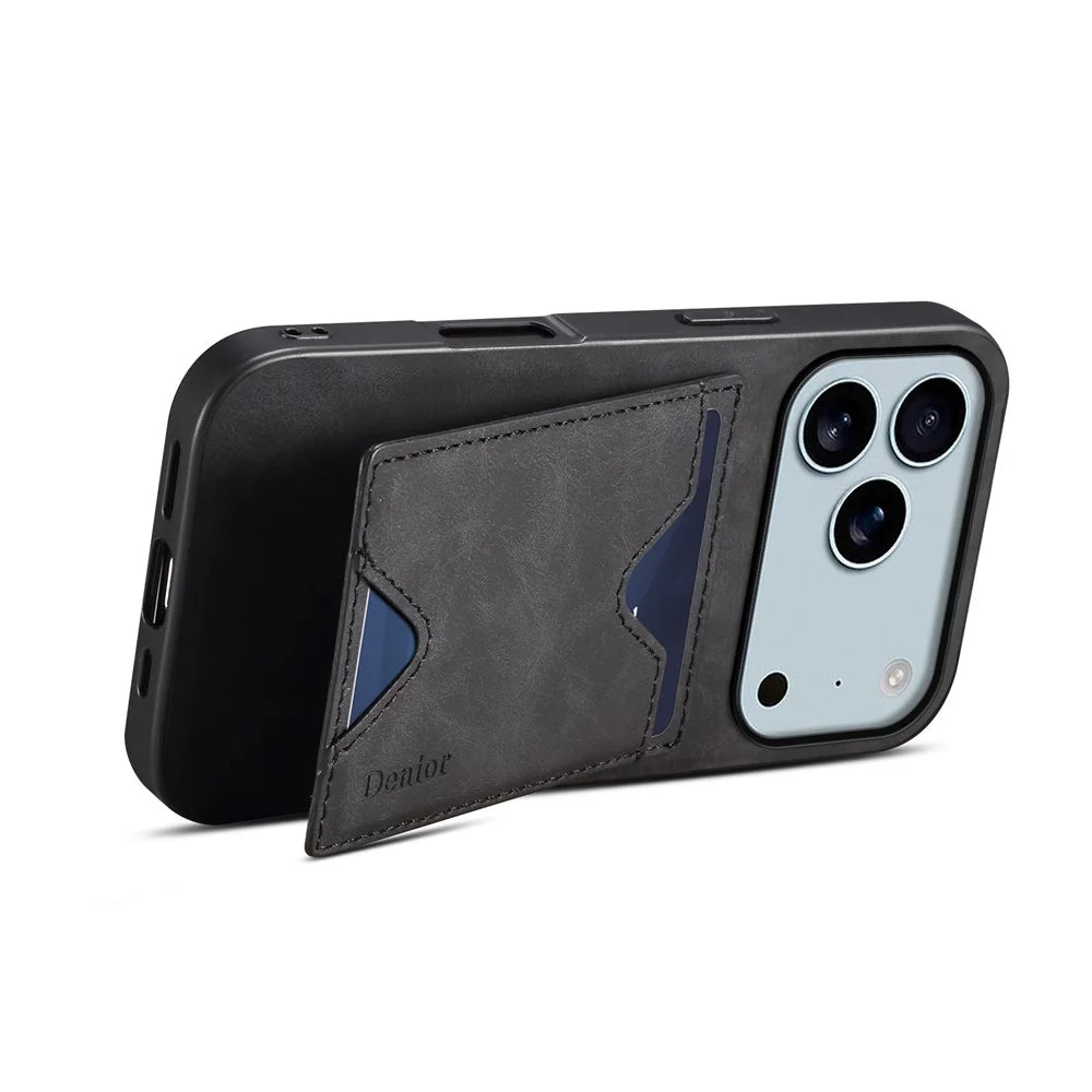 DENIOR For iPhone 17 Pro Case Card Holder Kickstand Leather + PC + TPU Phone Cover - Black - 4