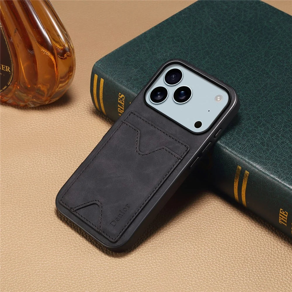 DENIOR For iPhone 17 Pro Case Card Holder Kickstand Leather + PC + TPU Phone Cover - Black - 7