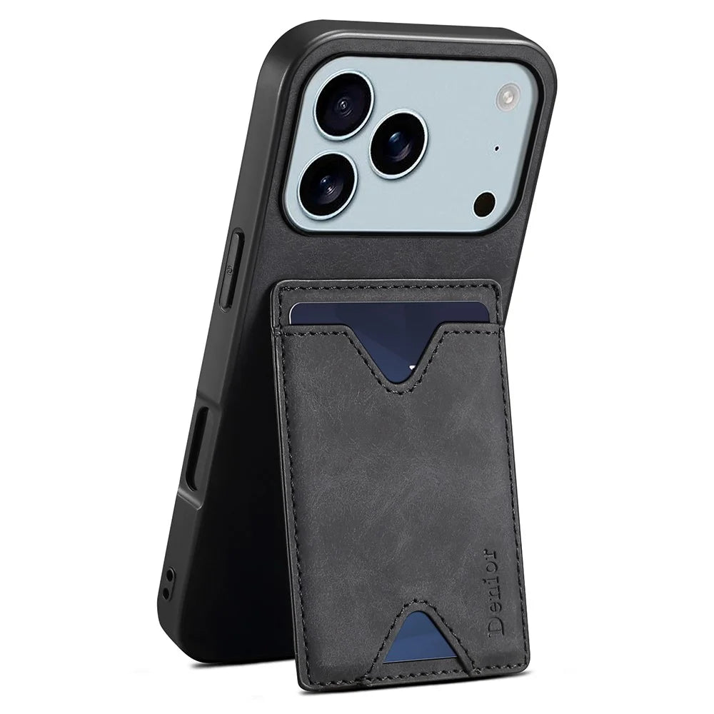 DENIOR For iPhone 17 Pro Max Case Card Holder Kickstand Leather + PC + TPU Phone Cover - Black - 1
