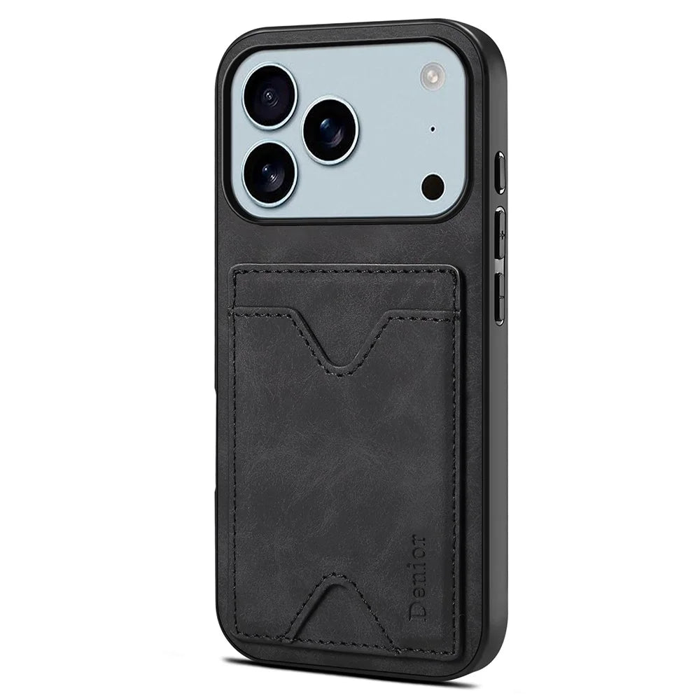DENIOR For iPhone 17 Pro Max Case Card Holder Kickstand Leather + PC + TPU Phone Cover - Black - 2