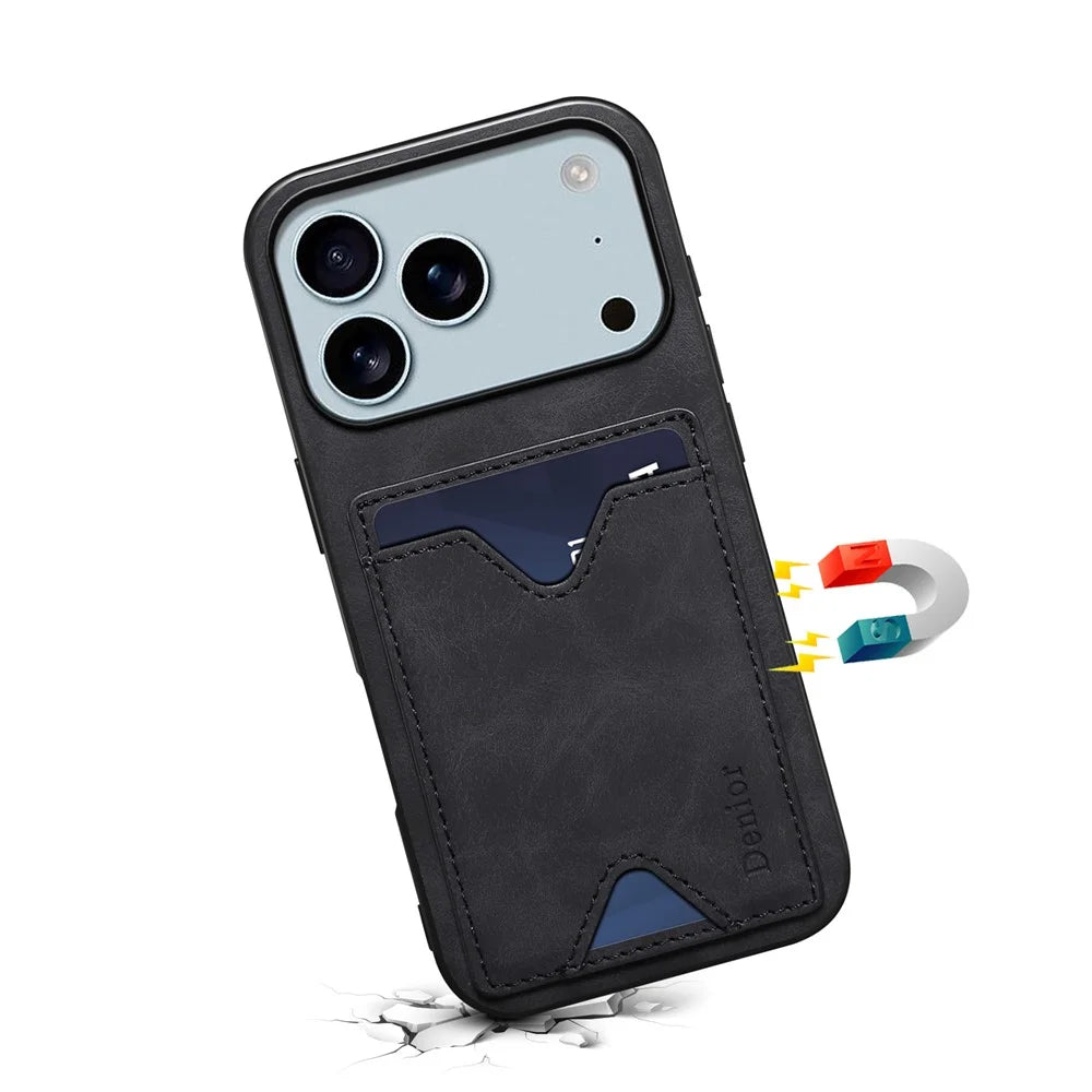 DENIOR For iPhone 17 Pro Max Case Card Holder Kickstand Leather + PC + TPU Phone Cover - Black - 3