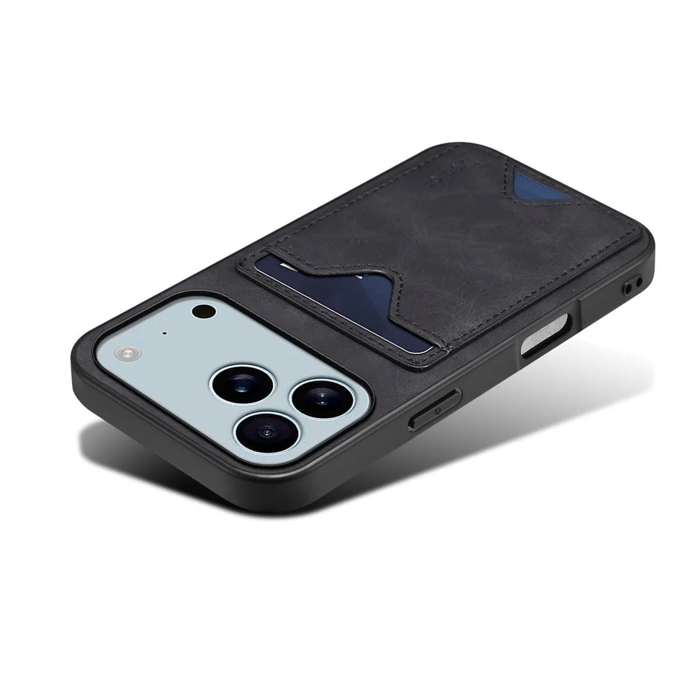 DENIOR For iPhone 17 Pro Max Case Card Holder Kickstand Leather + PC + TPU Phone Cover - Black - 5